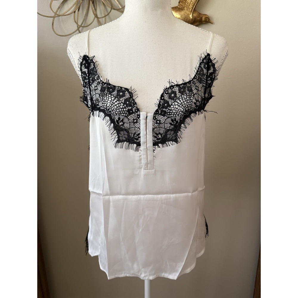Mango Casual Cami Top XS Ivory Satin Black Lace Eyelash Lingerie Style